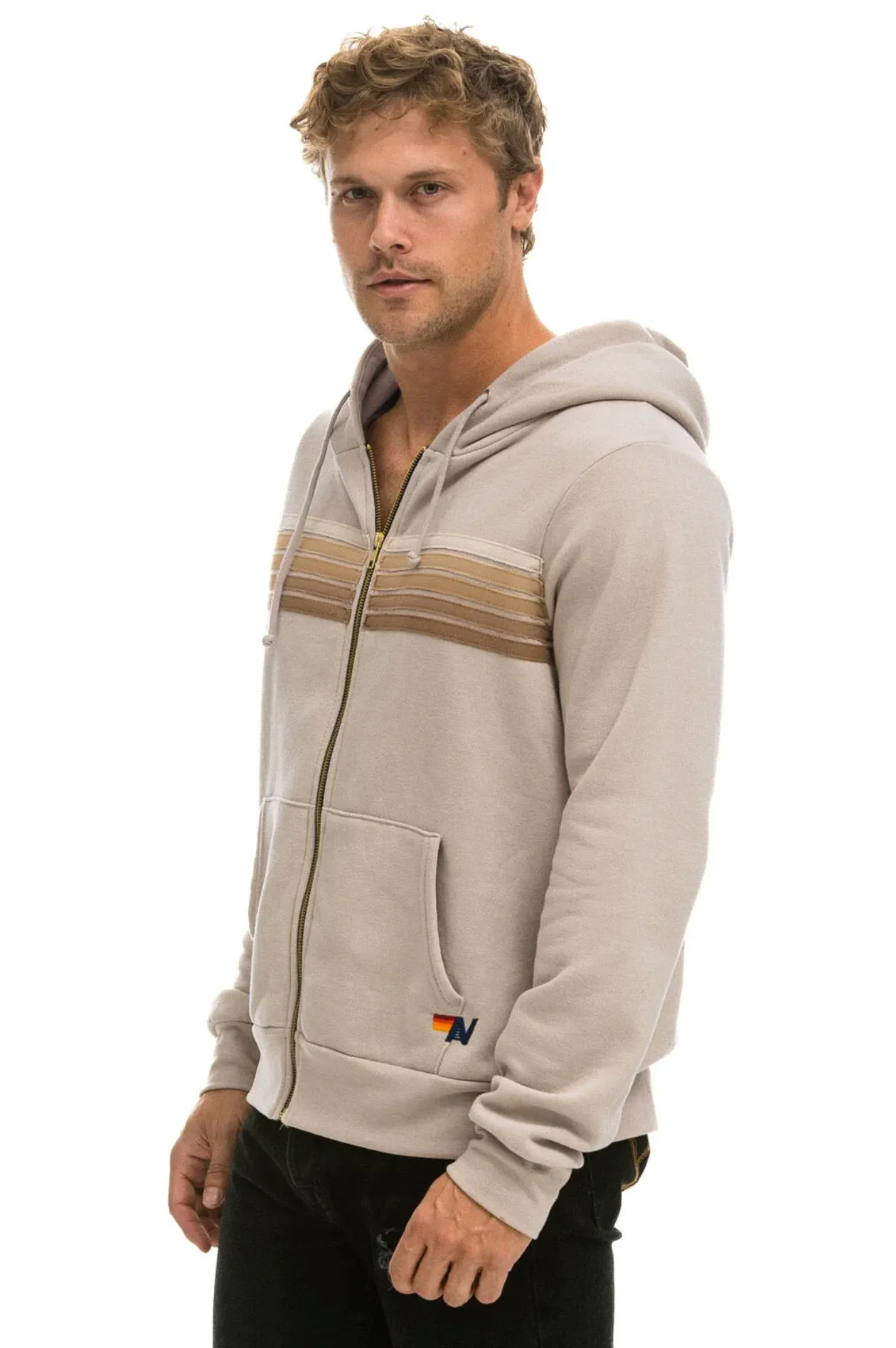 Aviator Nation 5 Stripe Zip Unisex Hoodie in SAND // TAN