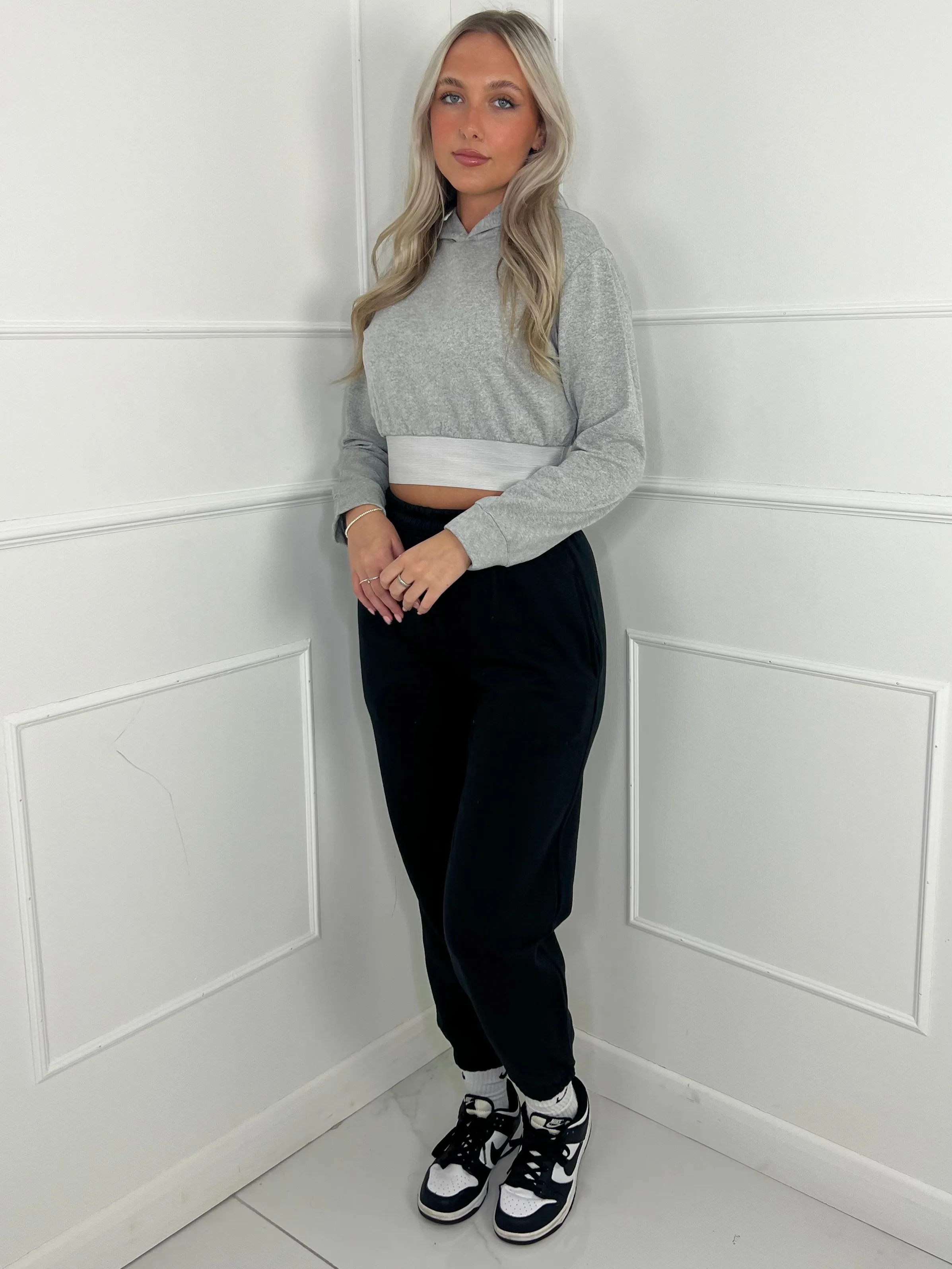 Band Detail Cropped Hoodie - Grey