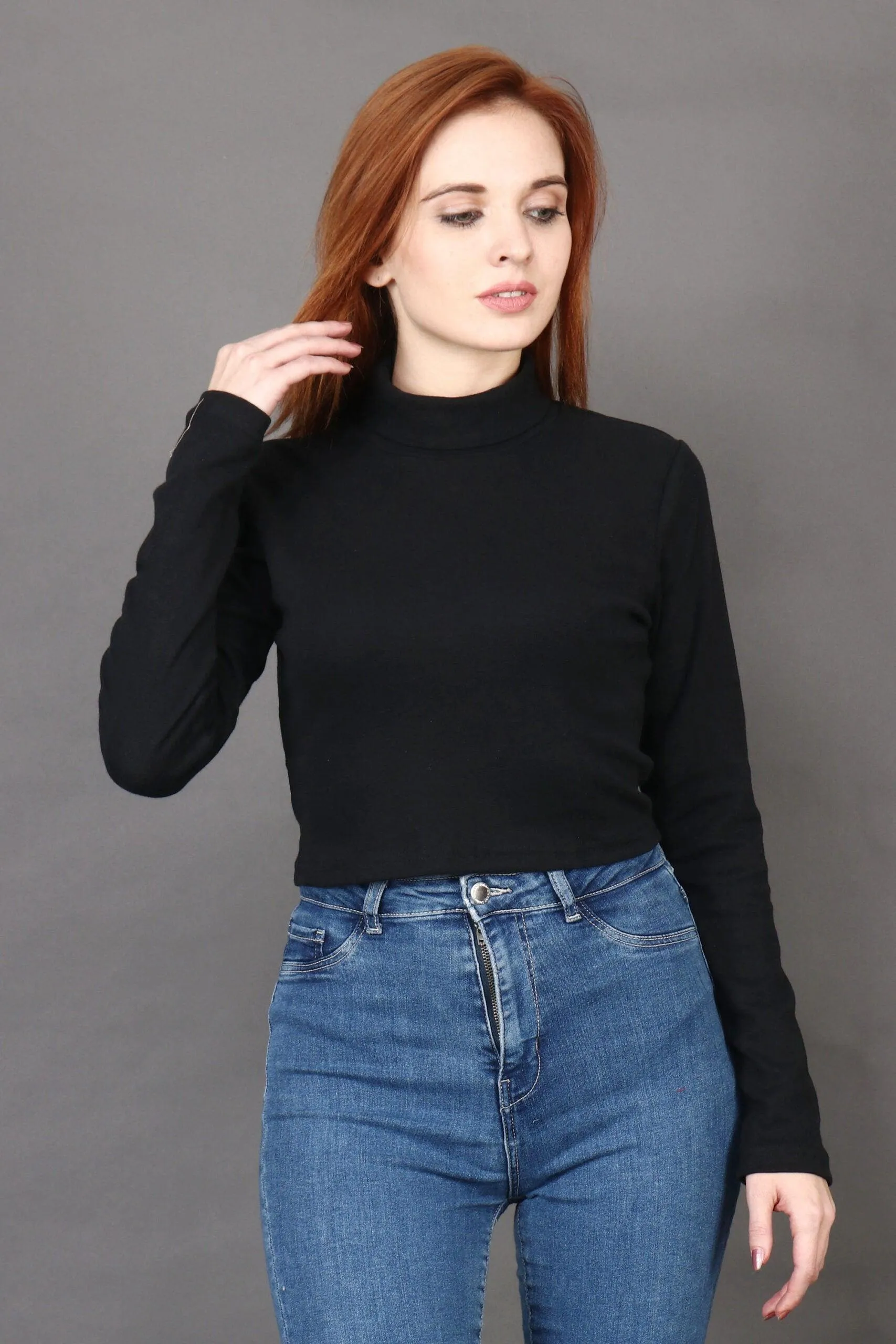 Black Solid High Neck Top with Long Sleeves