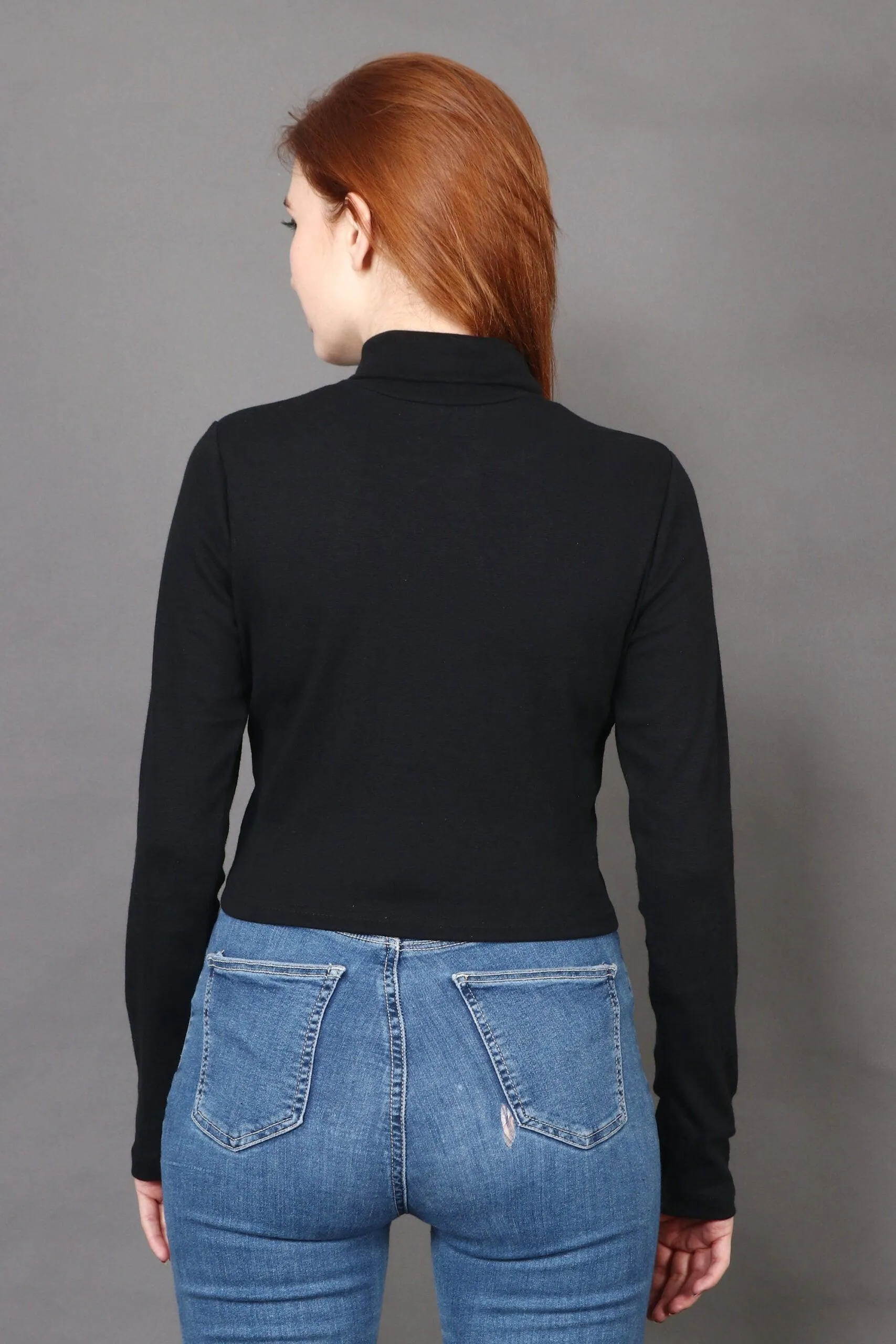 Black Solid High Neck Top with Long Sleeves