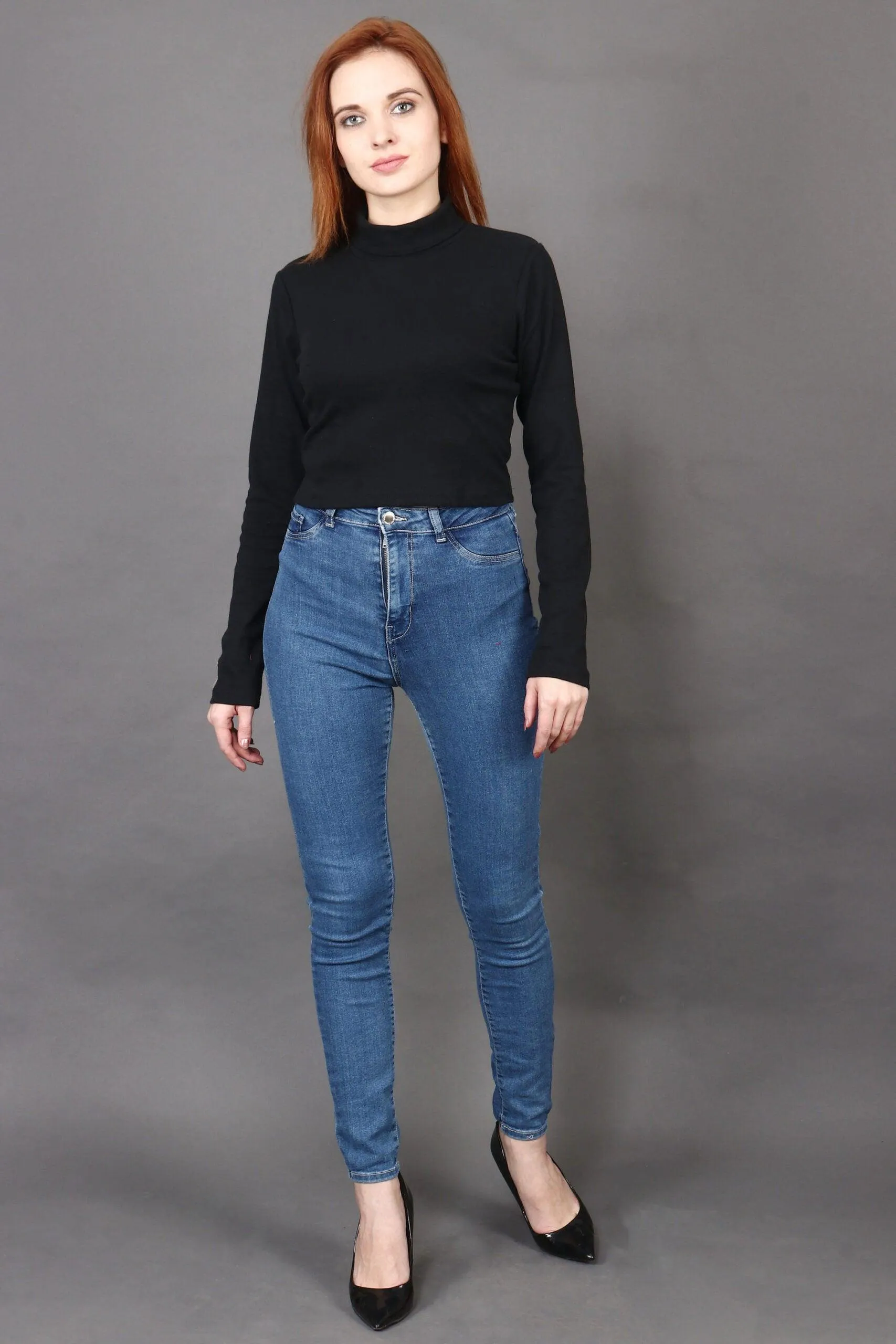 Black Solid High Neck Top with Long Sleeves