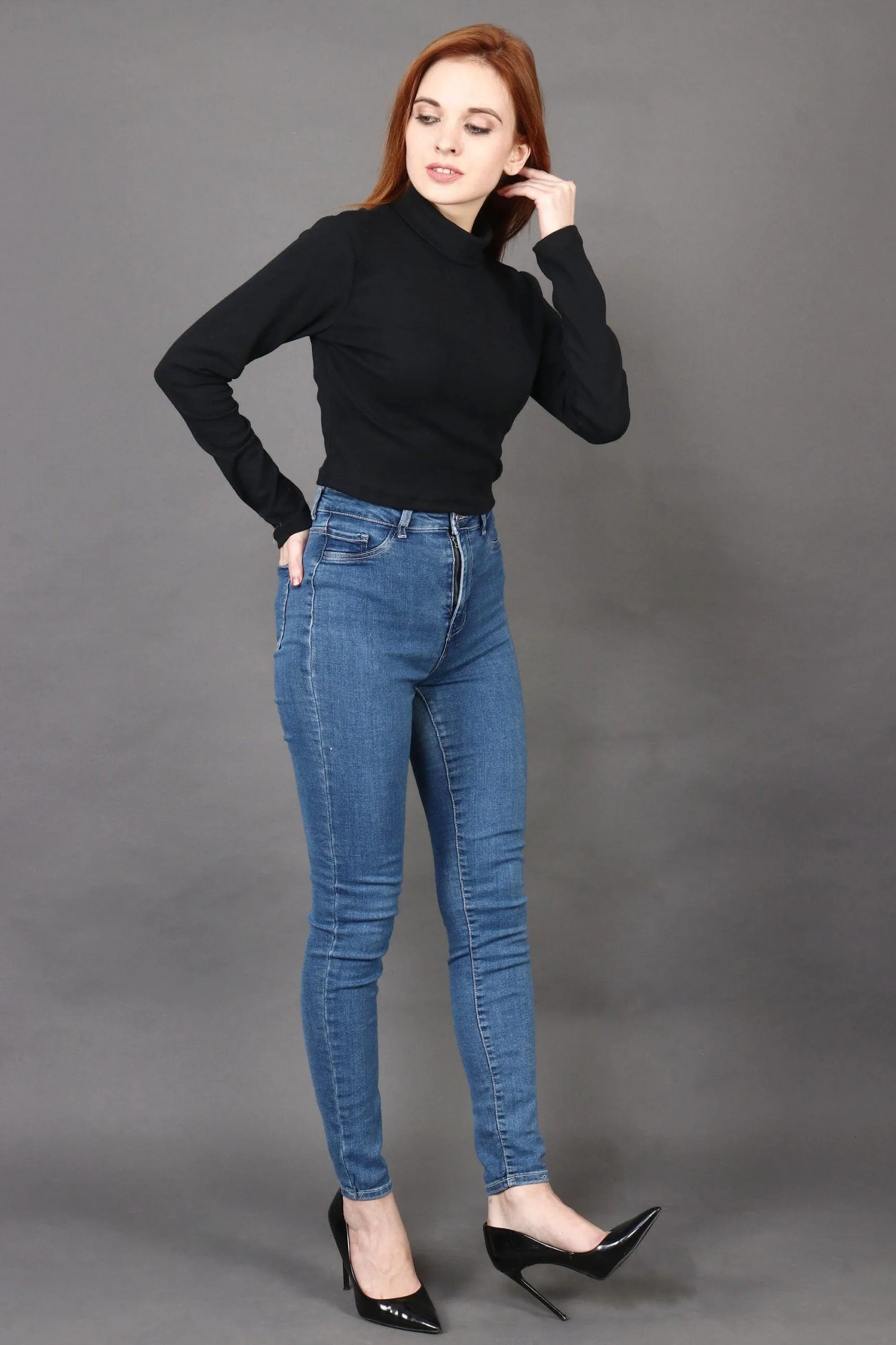 Black Solid High Neck Top with Long Sleeves