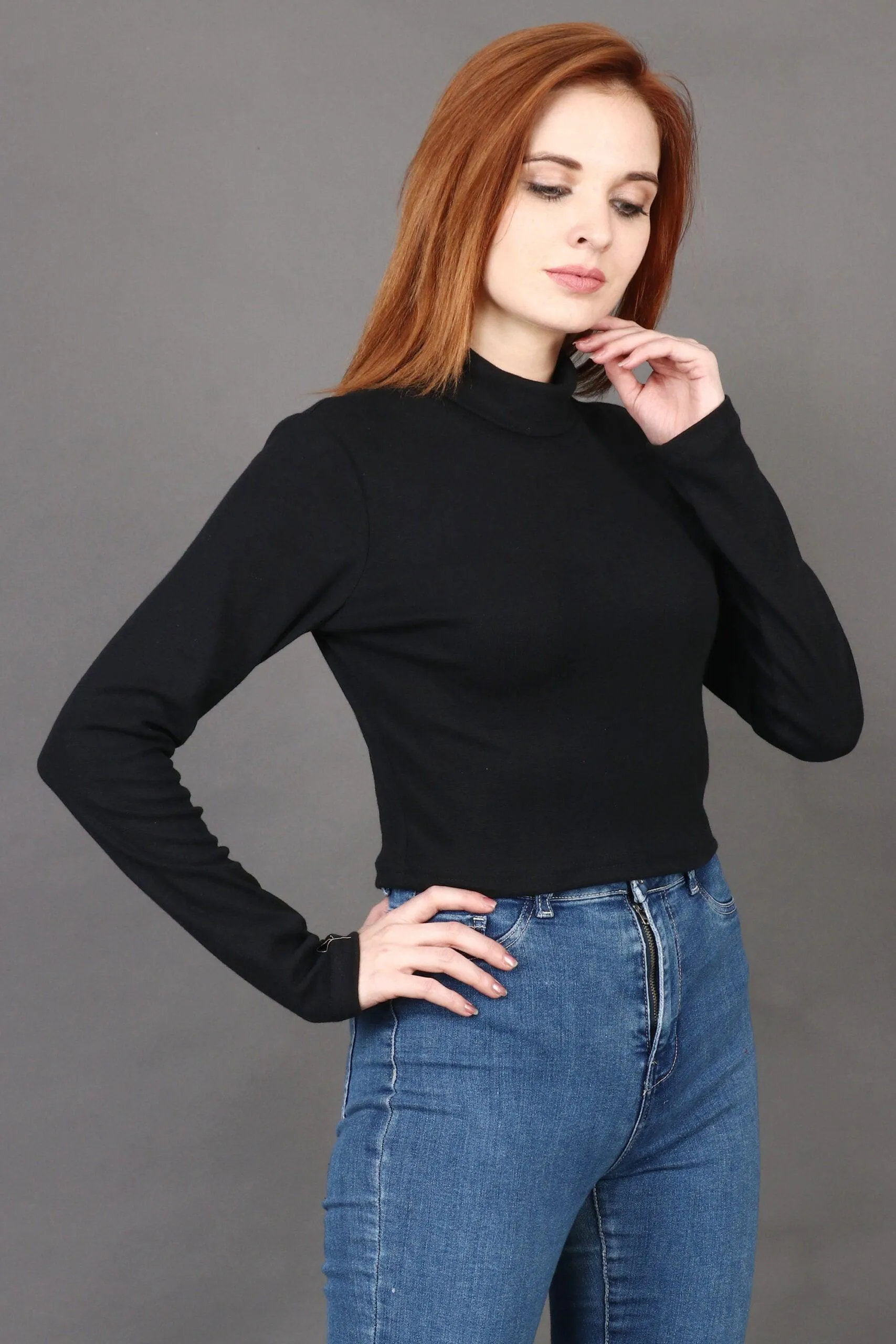 Black Solid High Neck Top with Long Sleeves