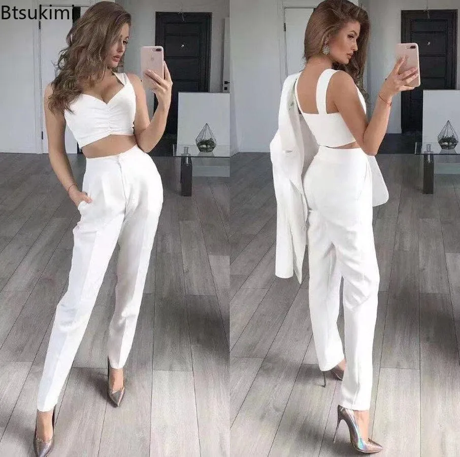 Elegant OL Office Ladies Suits Pants 3PCS Breathable Turndown Collar Women Jacket Dress Suits Slim Jacket vest  Pants Suit Set