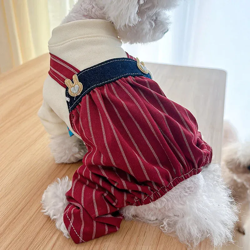 Elevate Your Pet's Style: Wine Red Striped Four-Legged Pants with High Waist Strap - Spring and Autumn Pet Apparel for Small to Medium Dogs