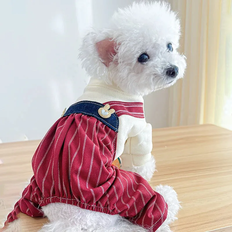 Elevate Your Pet's Style: Wine Red Striped Four-Legged Pants with High Waist Strap - Spring and Autumn Pet Apparel for Small to Medium Dogs