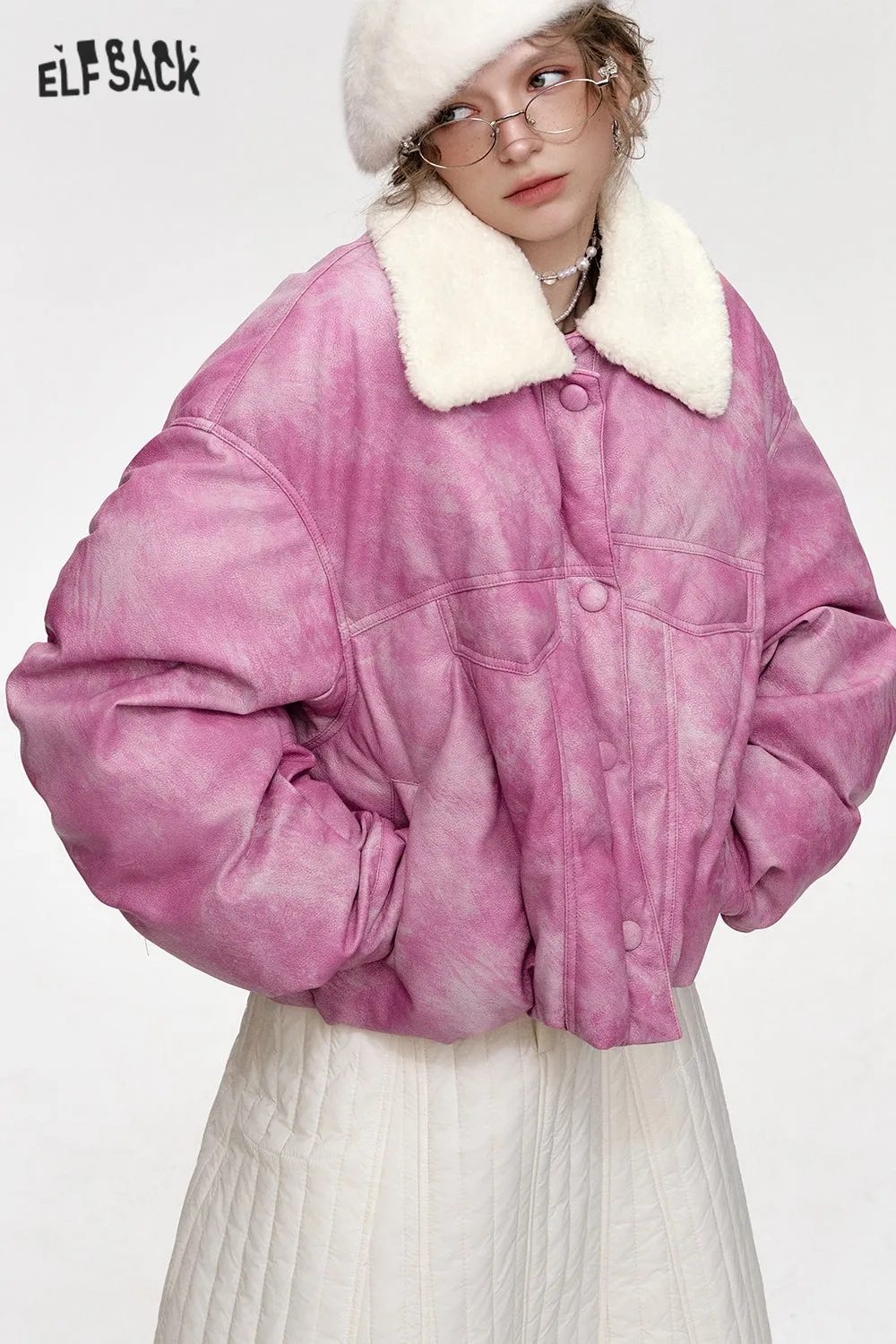 ELFSACK 2024 Winter New Arrivals Pink Plush Collar Short PU Thick Jacket for Women