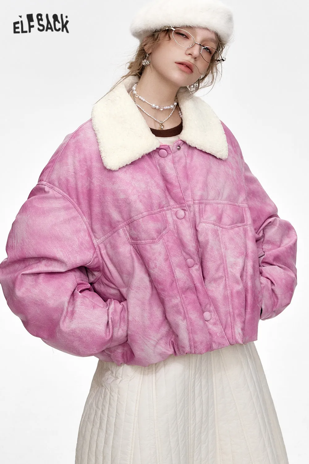 ELFSACK 2024 Winter New Arrivals Pink Plush Collar Short PU Thick Jacket for Women
