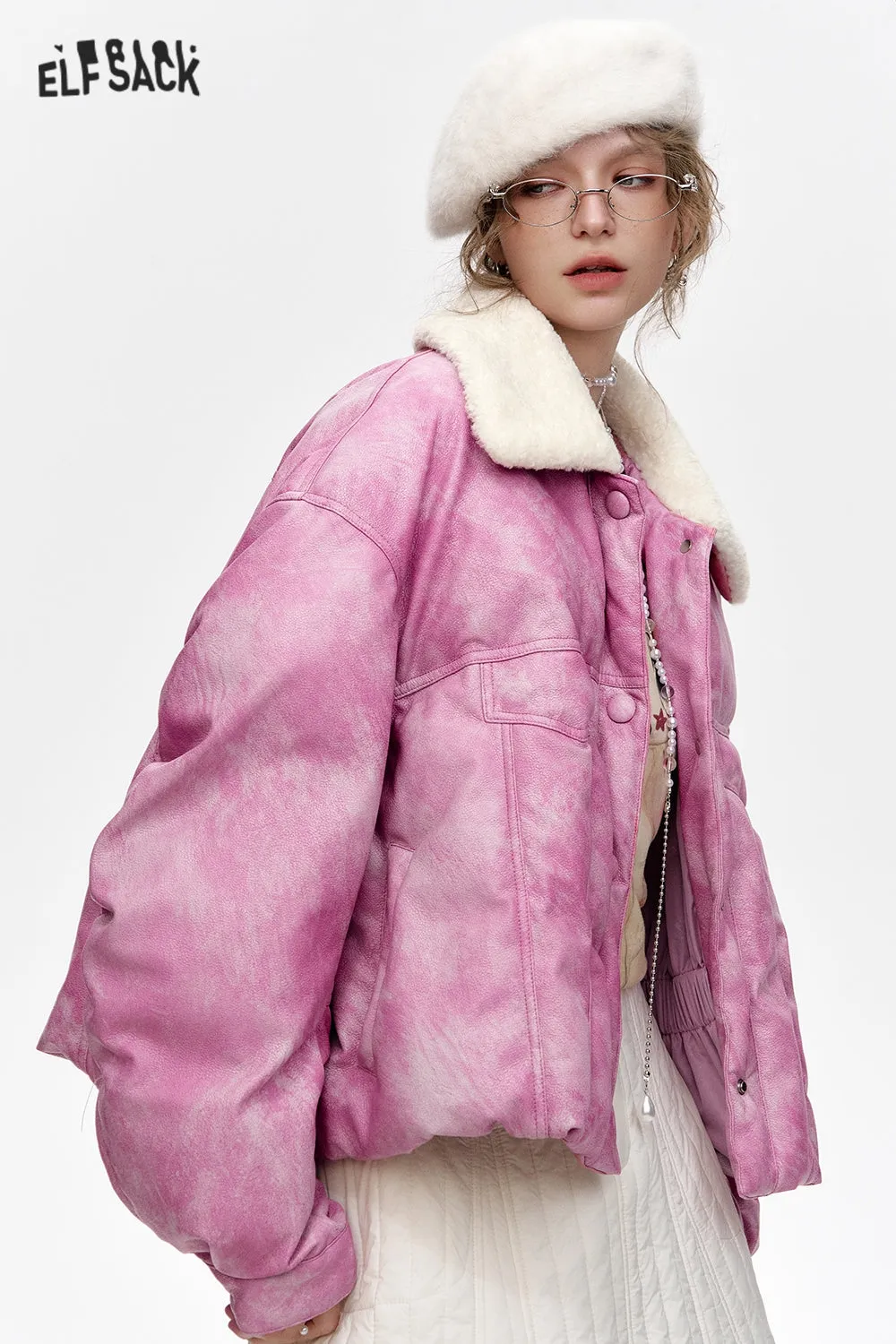 ELFSACK 2024 Winter New Arrivals Pink Plush Collar Short PU Thick Jacket for Women