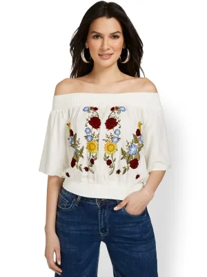 Floral-Embroidered Off-The-Shoulder Top
