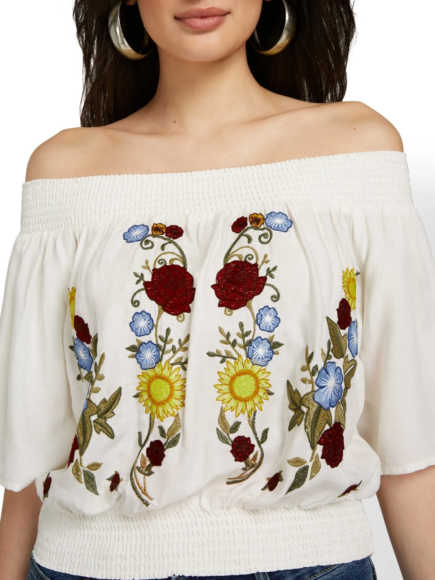 Floral-Embroidered Off-The-Shoulder Top