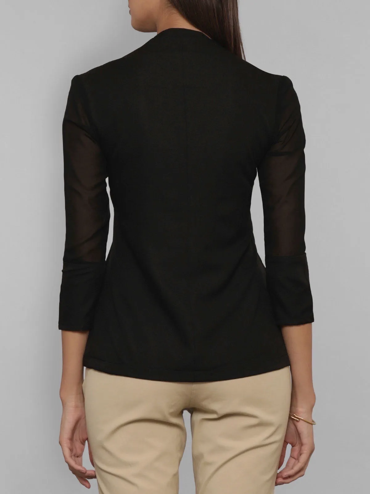 Front Slit Sheer Sleeve Top - Black