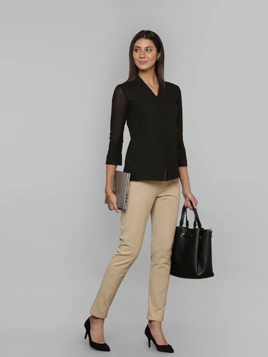 Front Slit Sheer Sleeve Top - Black
