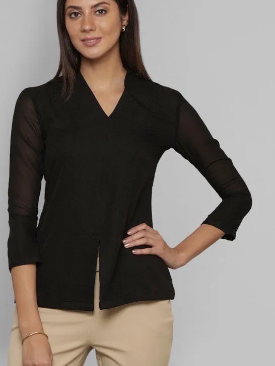 Front Slit Sheer Sleeve Top - Black