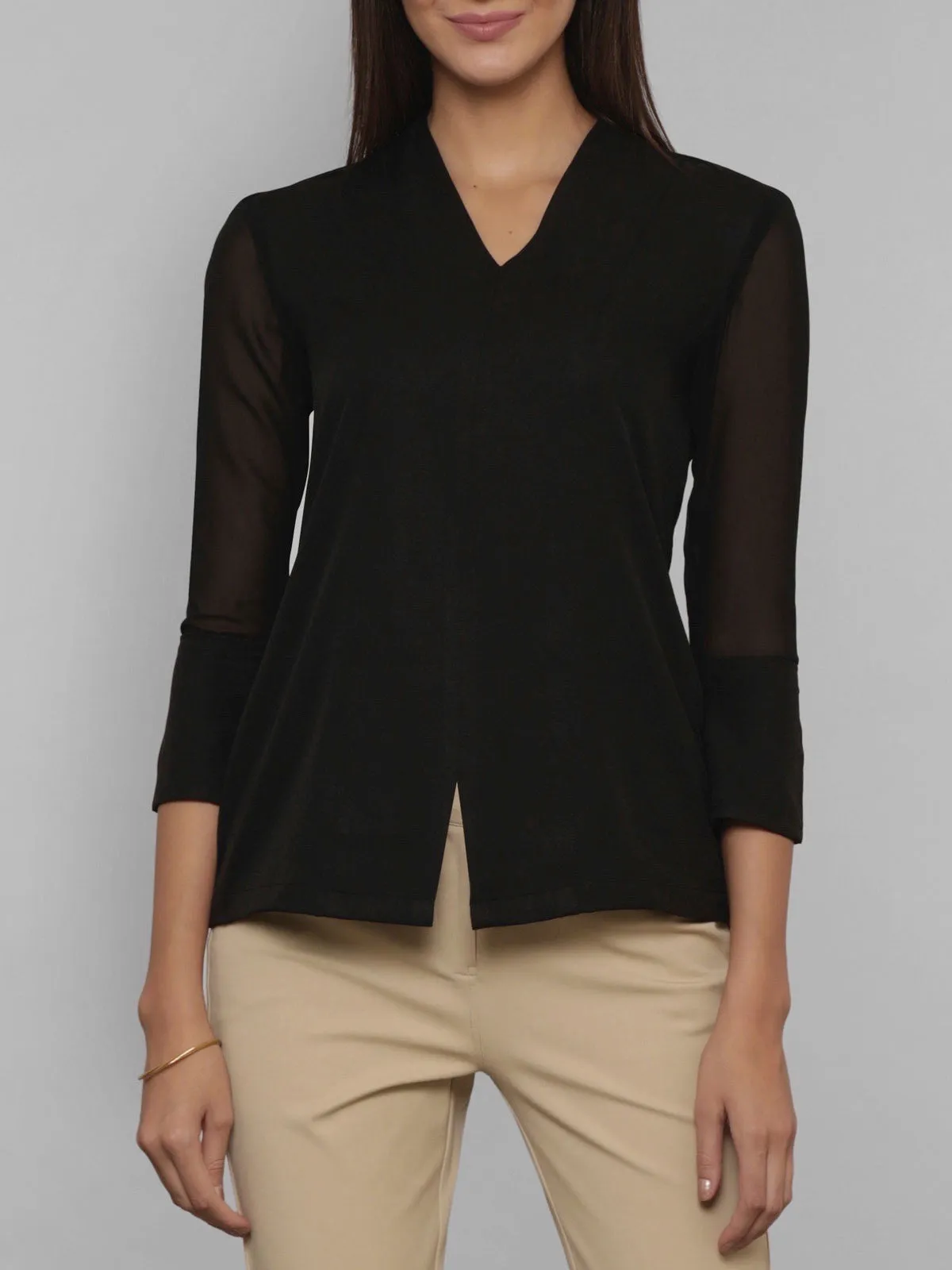 Front Slit Sheer Sleeve Top - Black