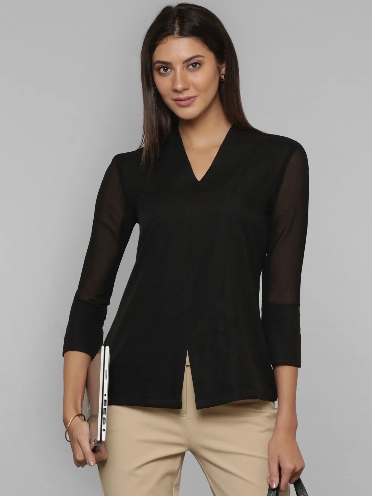 Front Slit Sheer Sleeve Top - Black