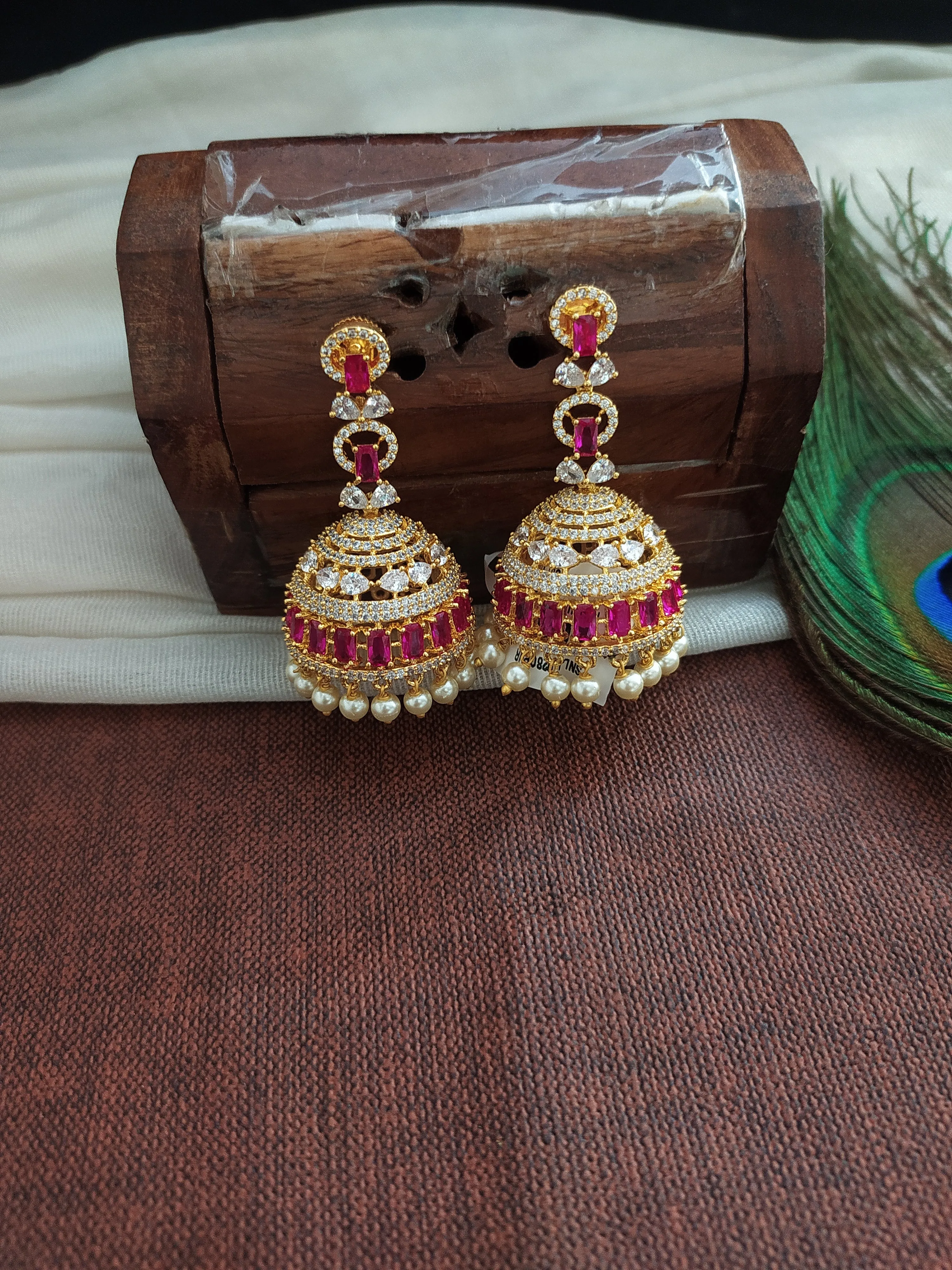 Gold Plated Jhumka With Zircon Stones with Pearl Drops