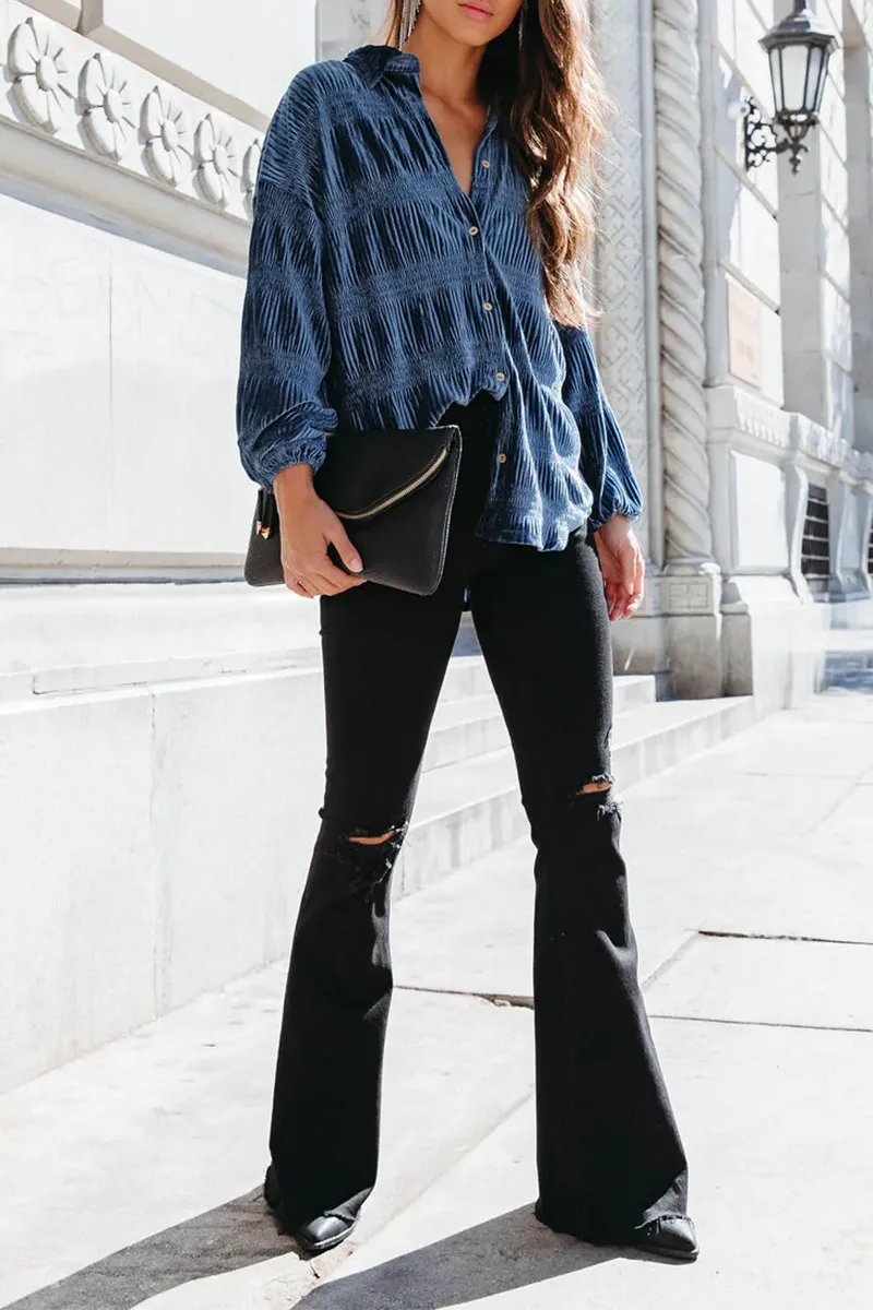 Ivyshape | Casual Solid Patchwork Turndown Collar Tops