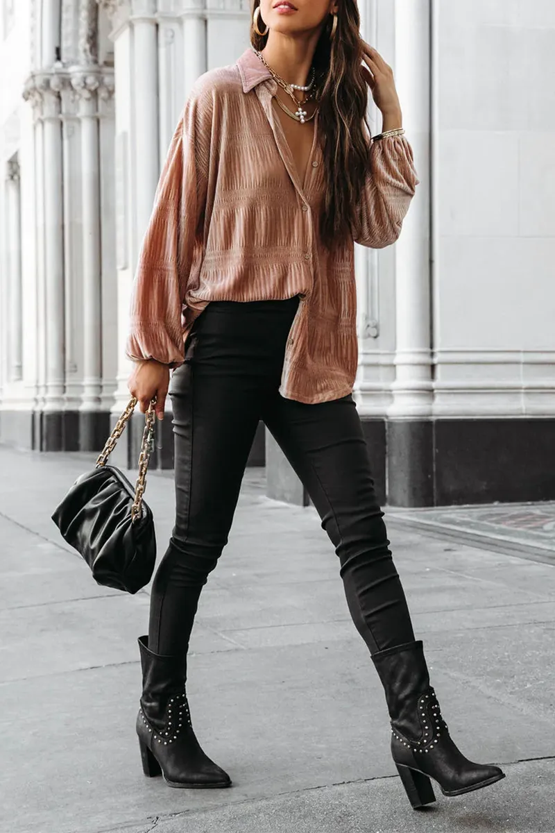 Ivyshape | Casual Solid Patchwork Turndown Collar Tops