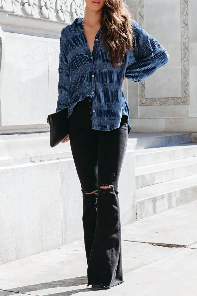 Ivyshape | Casual Solid Patchwork Turndown Collar Tops