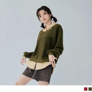 LAMBSWOOL PATCHED FAKE TWO PIECE DROP SHOULDER TOPS