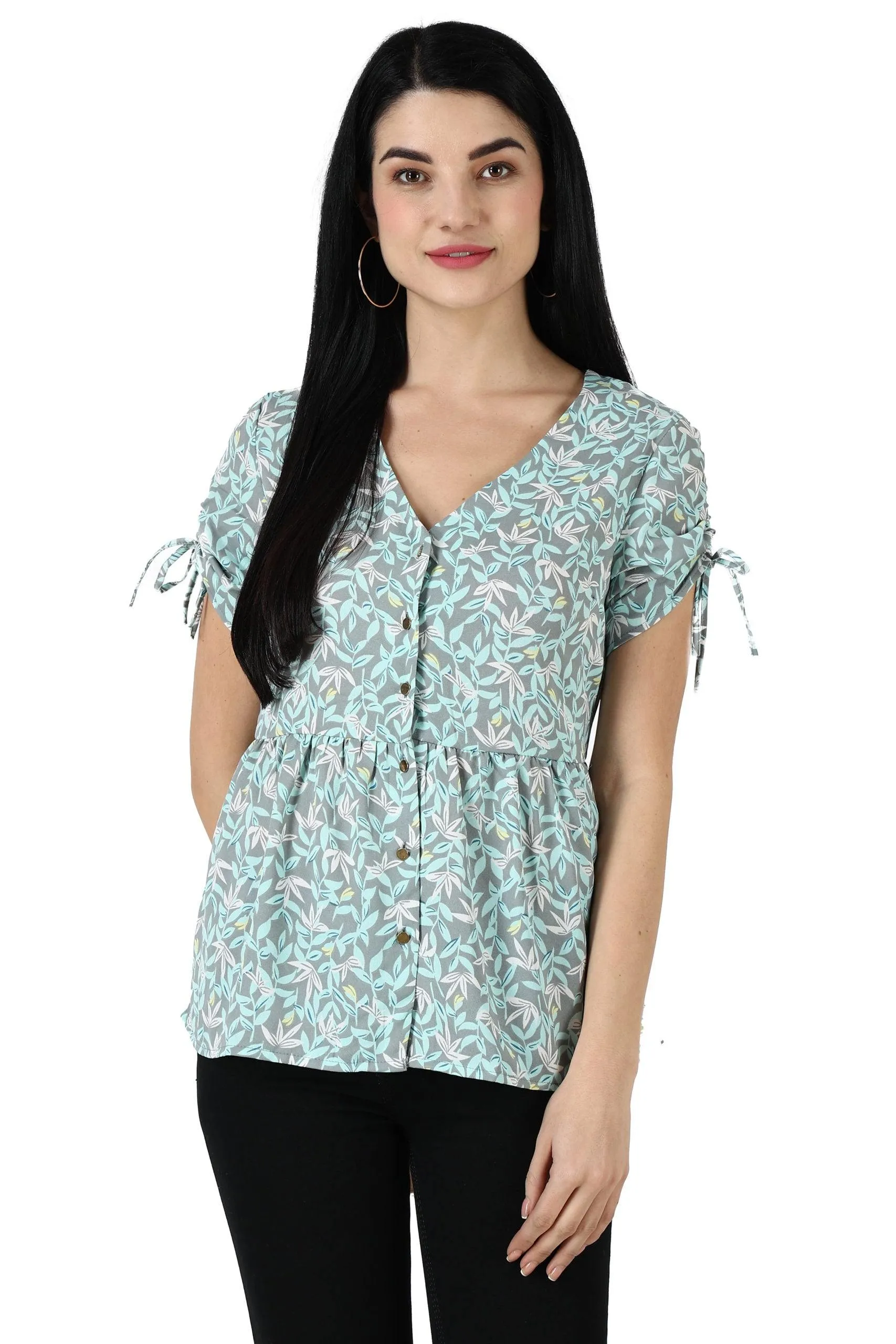 Leaves Printed Top with Front Buttons