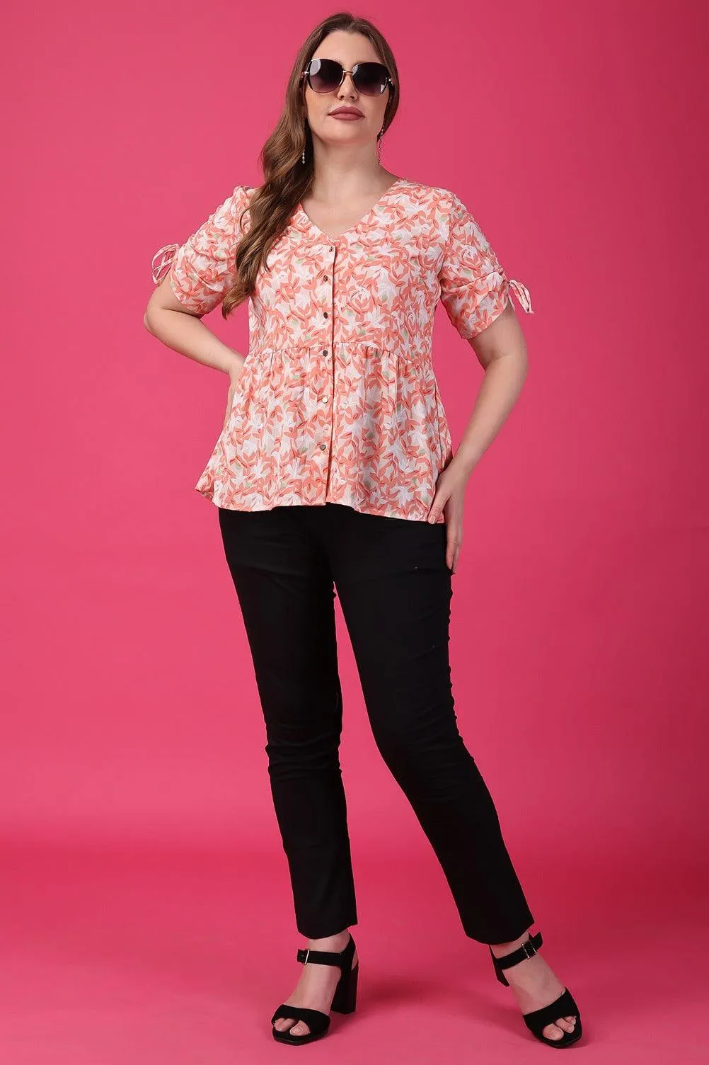 Leaves Printed Top with Front Buttons
