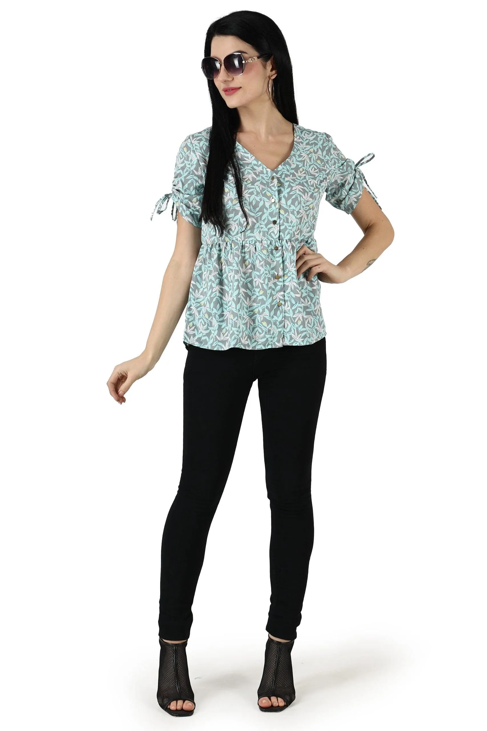 Leaves Printed Top with Front Buttons