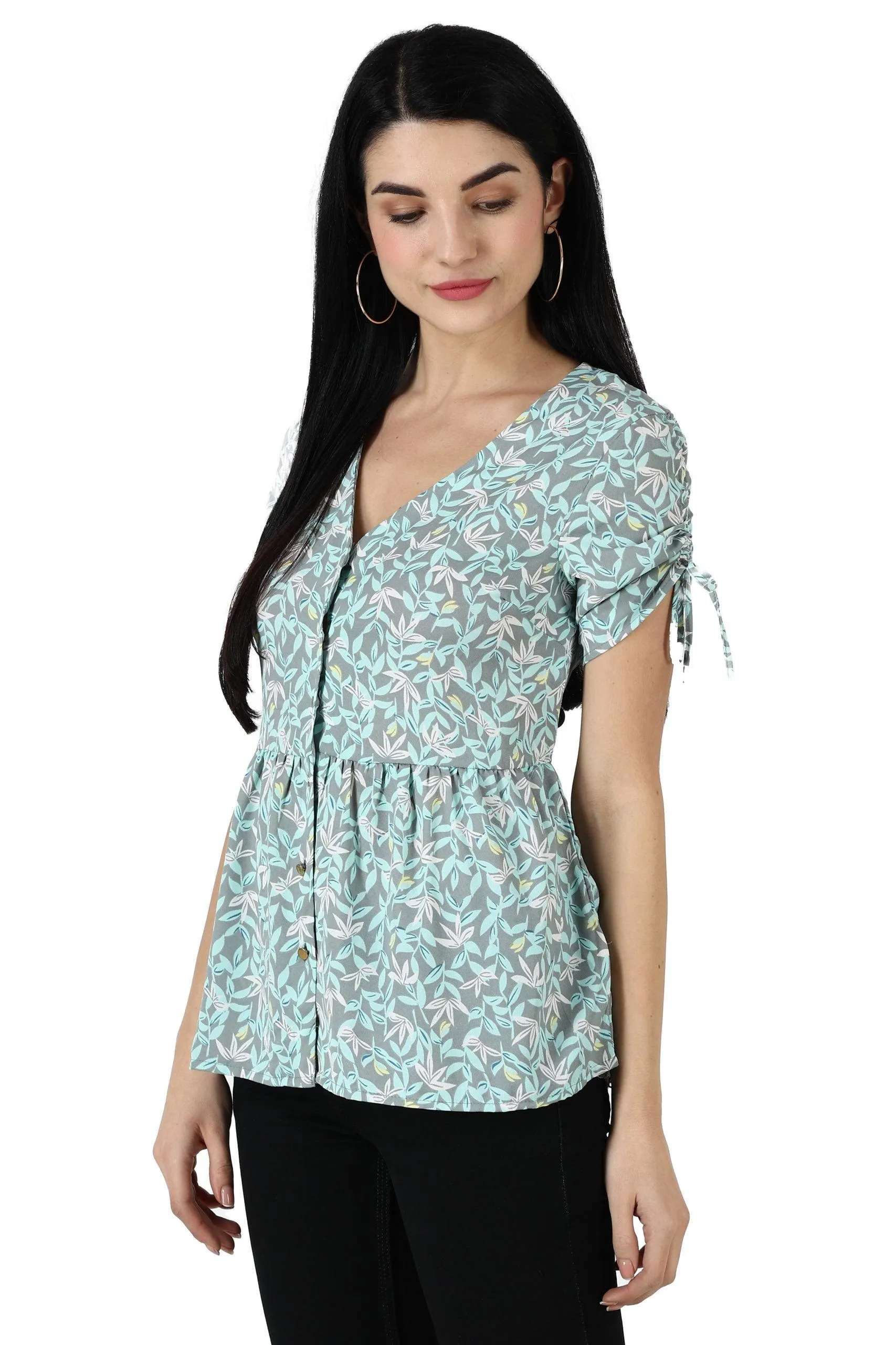 Leaves Printed Top with Front Buttons
