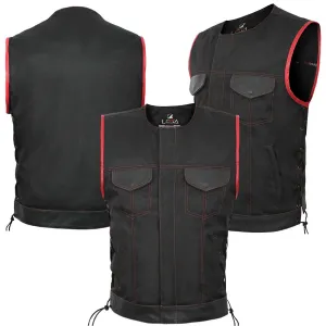 Men's SOA style Lace up fabric Biker Waistcoat/Vest red Real Leather Trimming UK