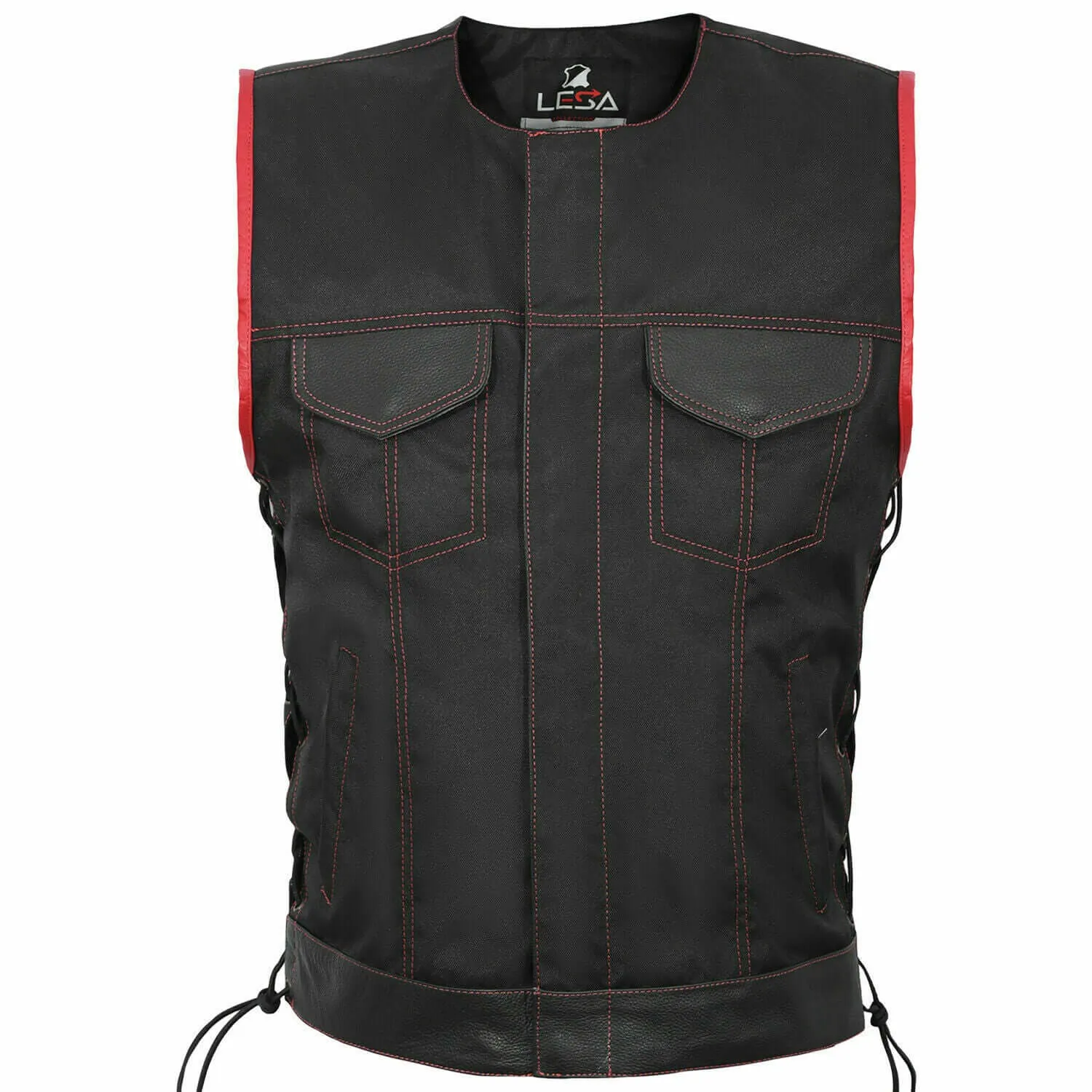 Men's SOA style Lace up fabric Biker Waistcoat/Vest red Real Leather Trimming UK