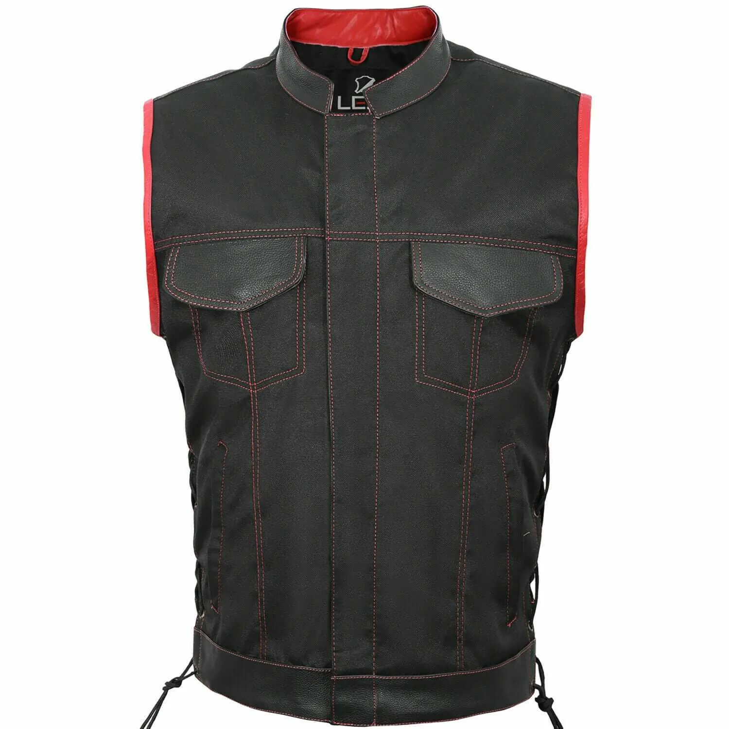 Men's SOA style Lace up fabric Biker Waistcoat/Vest red Real Leather Trimming UK