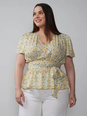Plus Short Flutter Sleeve Crinkle Floral Blouse