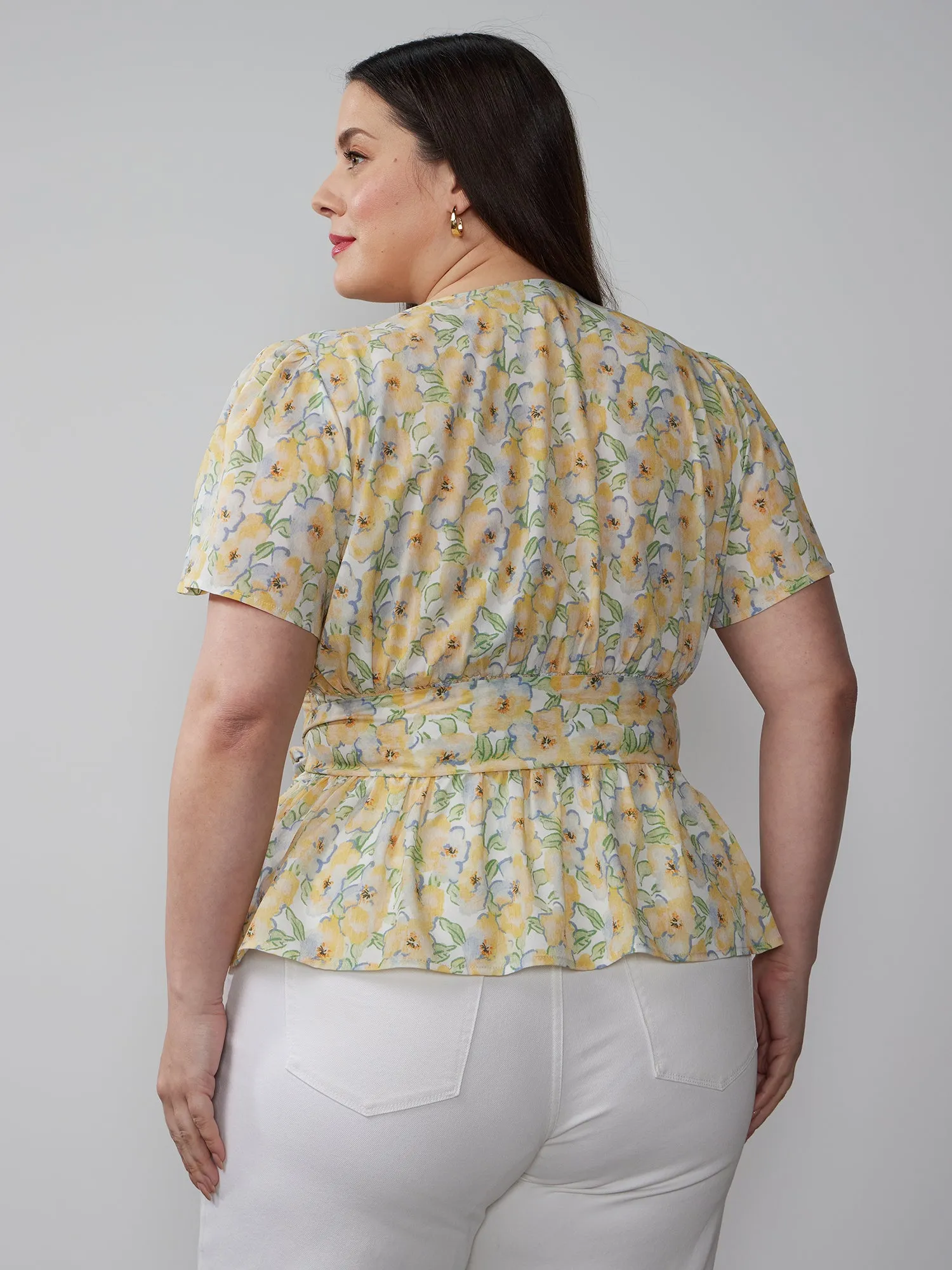 Plus Short Flutter Sleeve Crinkle Floral Blouse
