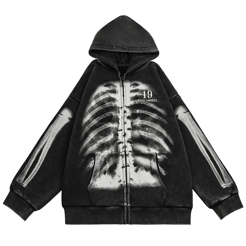 PopFlying Oversize Washed Graphic Hoodie Skeleton