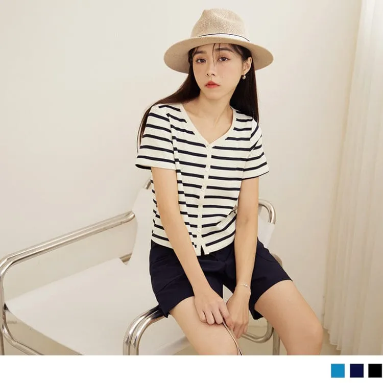 V-NECK SHORT SLEEVE STRIPED BUTTONS TOPS