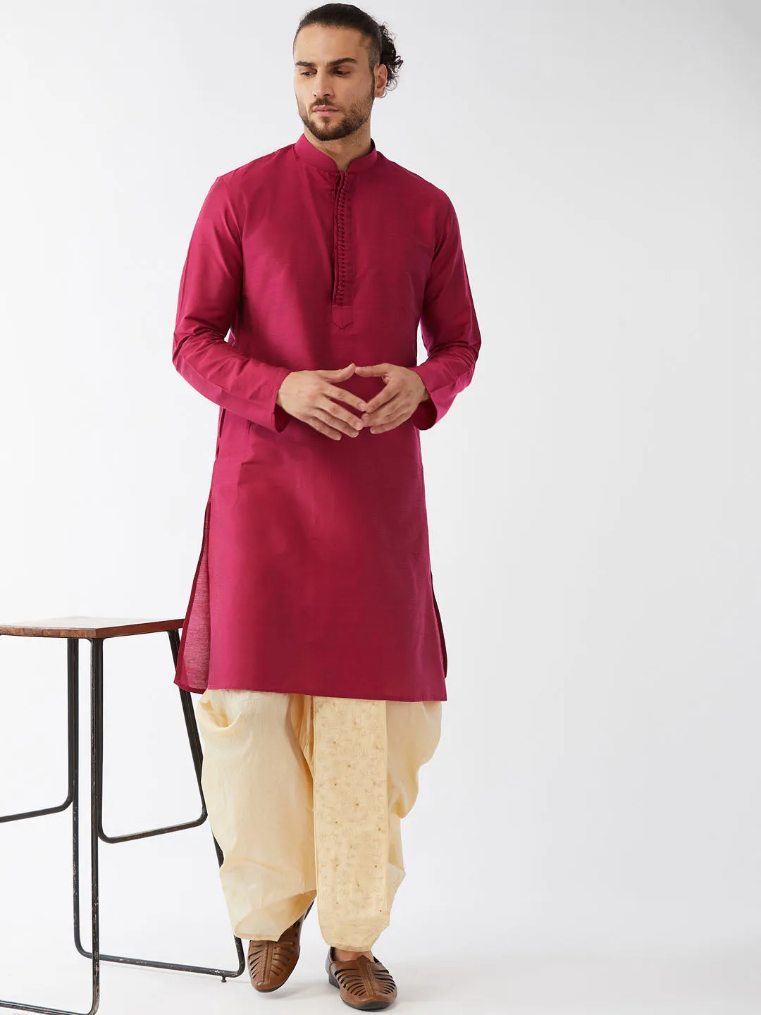 VASTRAMAY Fuchsia Pink Gold Kurta Dhoti