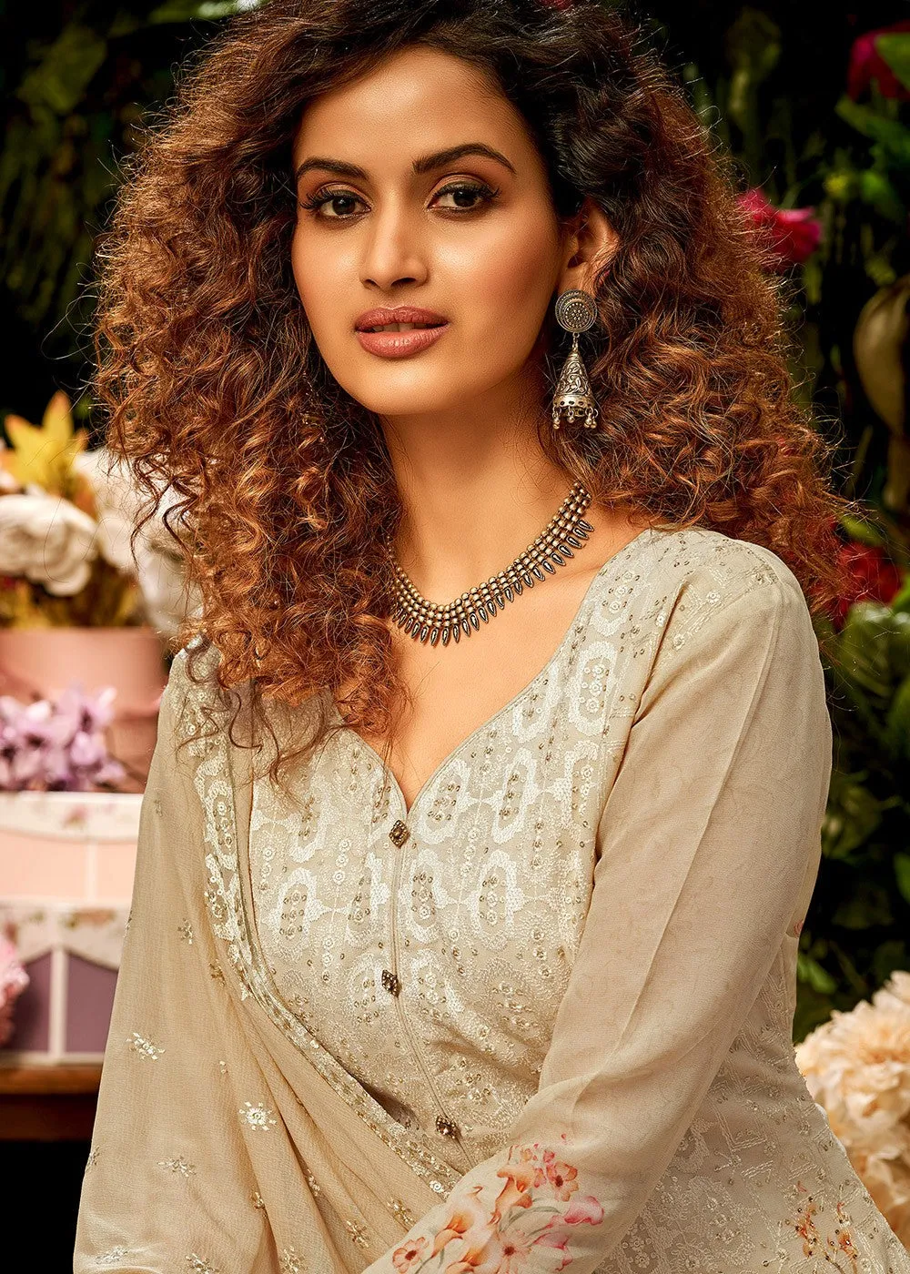 Viscose Georgette Elegant Beige Sequins Salwar Suit