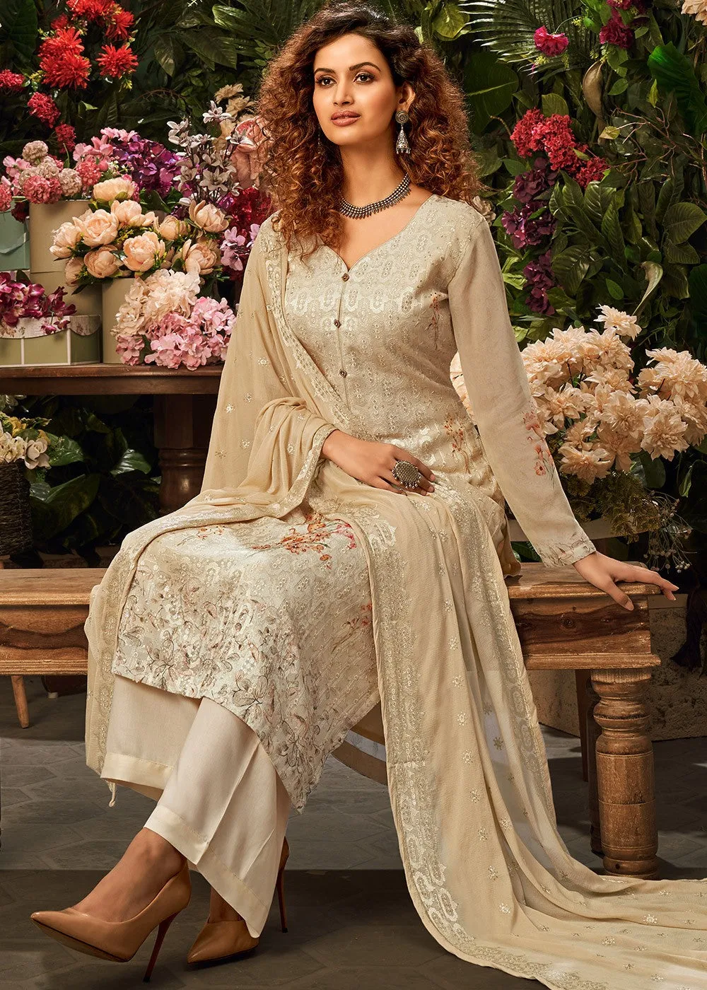 Viscose Georgette Elegant Beige Sequins Salwar Suit