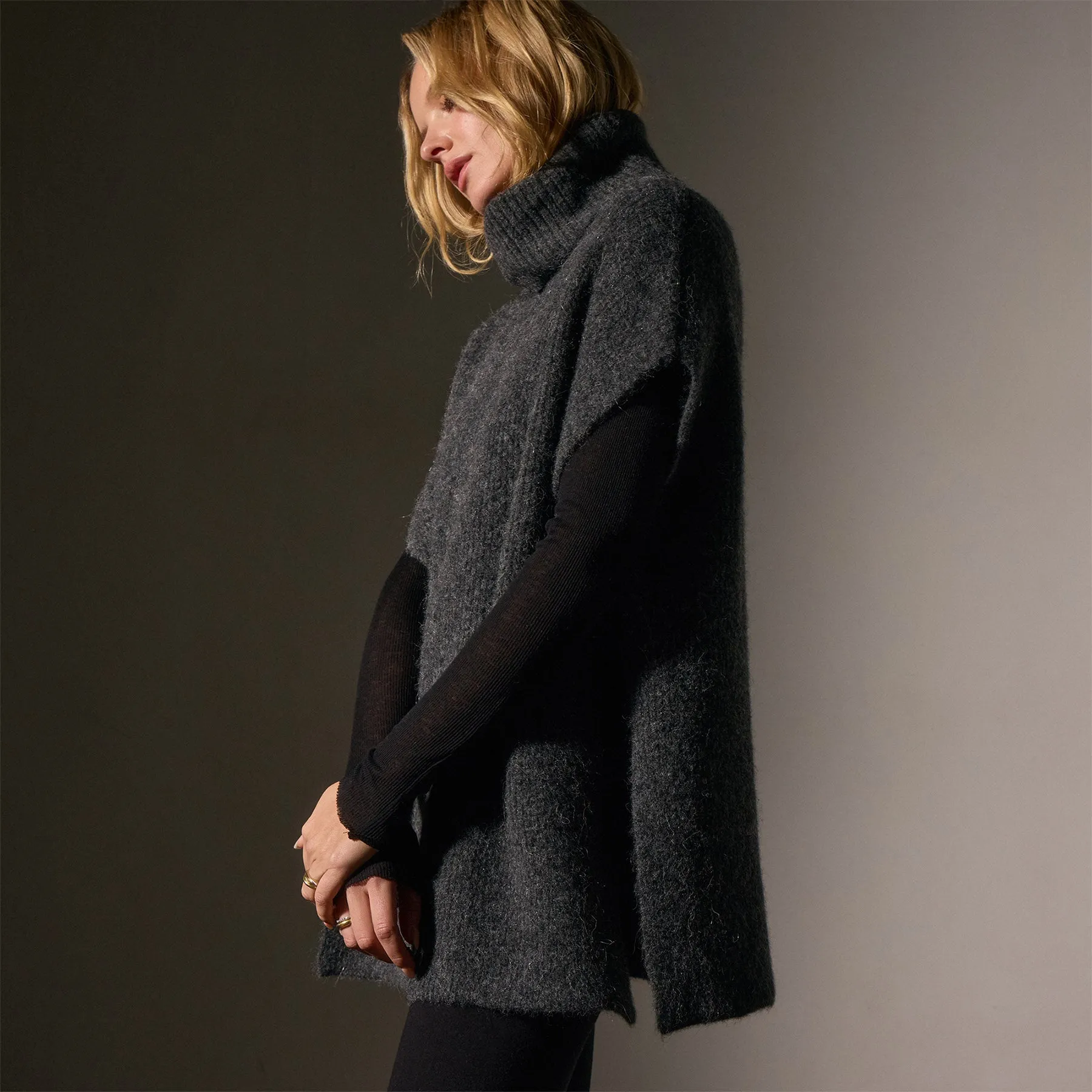 Waffle Knit Funnel Neck Tunic - Anthracite