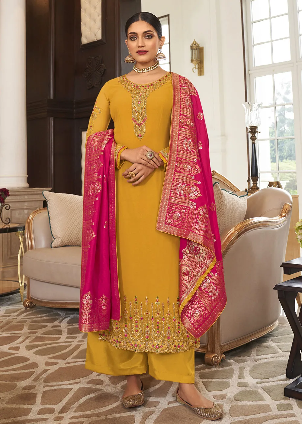 Wedding Party Elegant Yellow Thread & Zari Salwar Suit