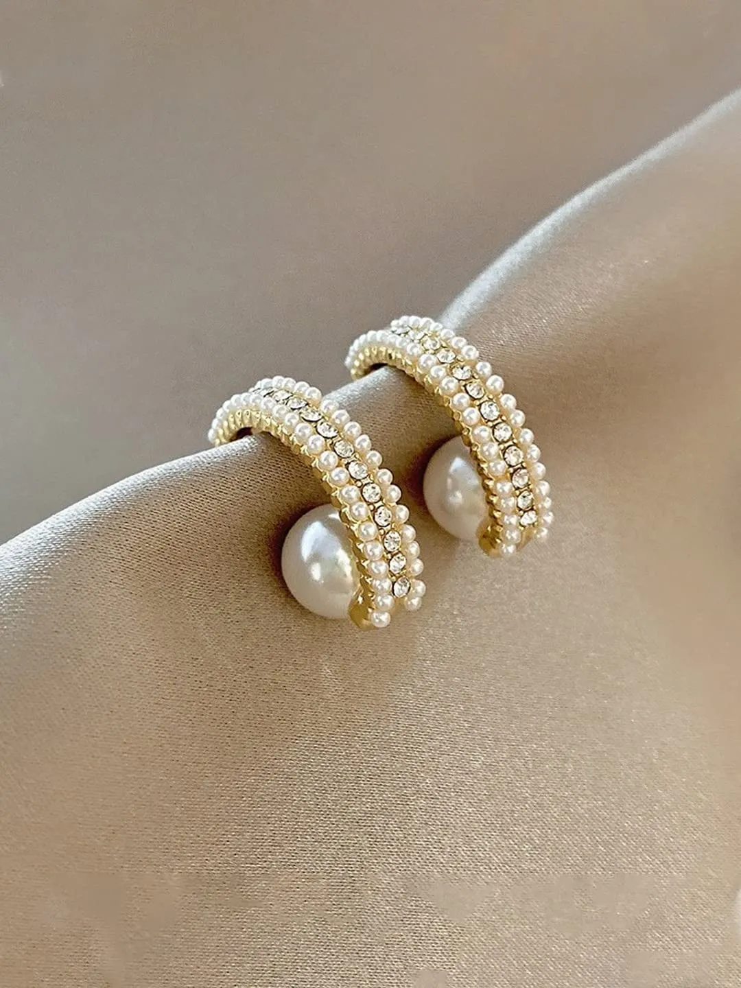 Yellow Chimes Earrings For Women Gold Tone Pearl and Crystal Studded Round Hoop Earrings For Women and Girls