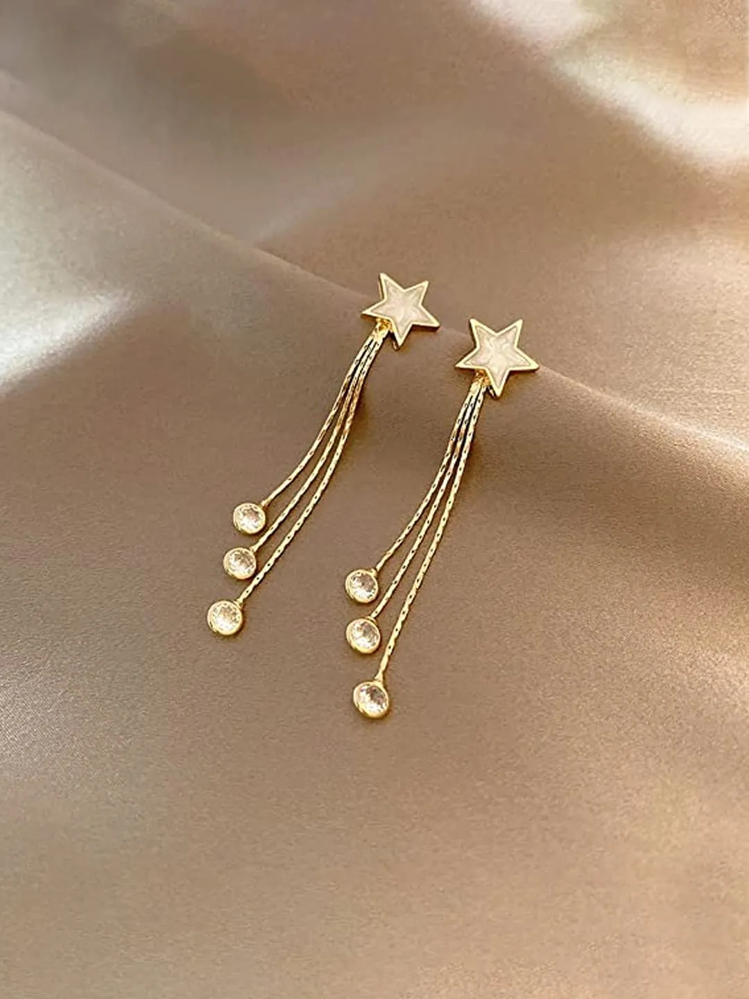 Yellow Chimes Earrings For Women Gold Toned Star Shaped Stud With Linear Chain Crystal Hanging Dangler Earrings For Women and Girls