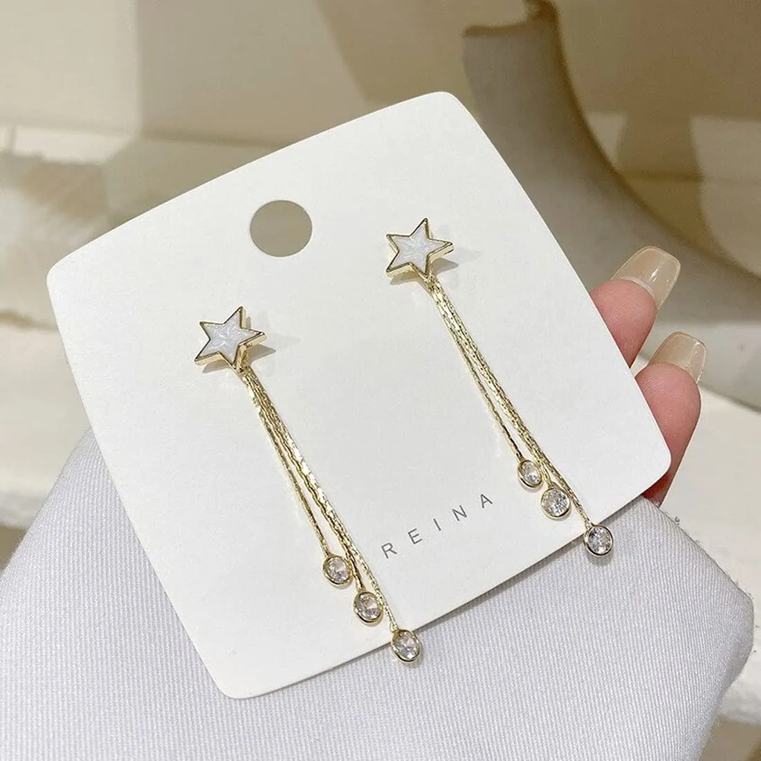 Yellow Chimes Earrings For Women Gold Toned Star Shaped Stud With Linear Chain Crystal Hanging Dangler Earrings For Women and Girls
